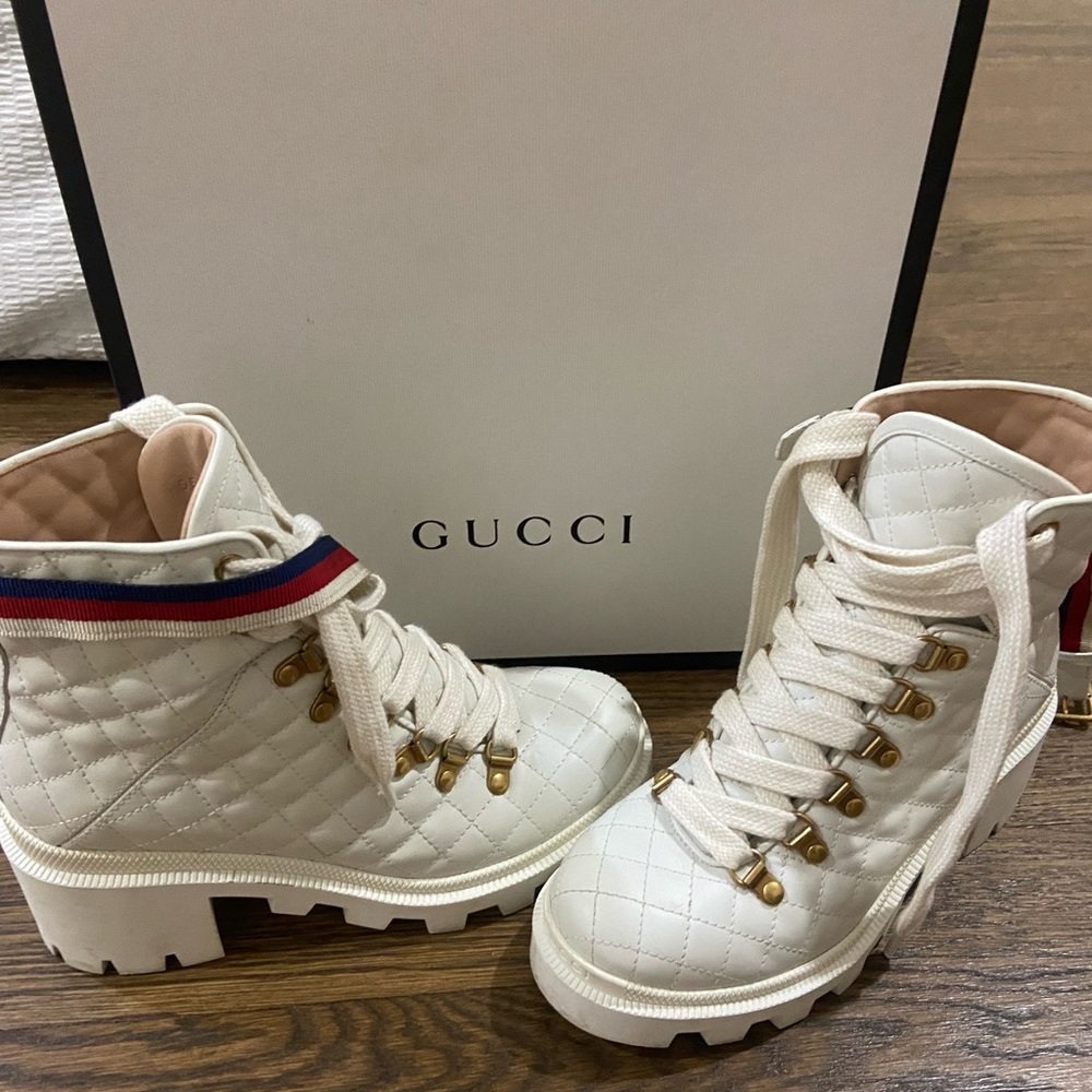 Gucci Women's White Lace-Up Quilted Boots